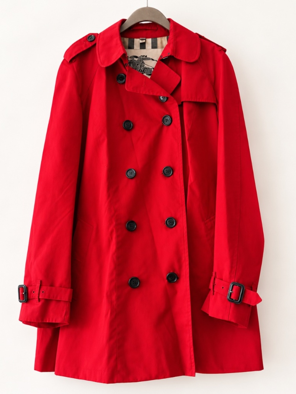 Burberry US 14 Red Belted Double-Breasted Trench Coat with Garment Bag